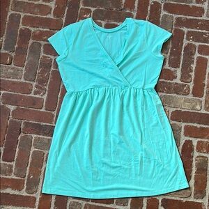 Garnet Hill Faux Wrap Aqua Blue Short Sleeve T-shirt Dress